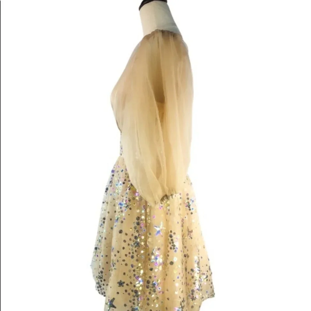 Beige Mini Dress Custom Made Puff Sleeve - NEW - Picture 9 of 9